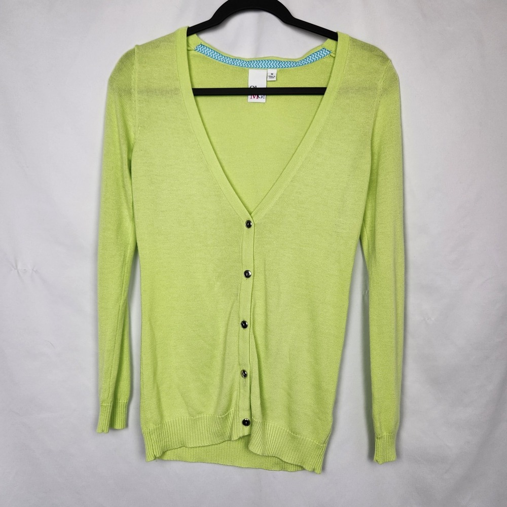 Oh Mg! Women's Green Solid Long Sleeve‎ Button Up VNeck Cardigan Sweater Sz M